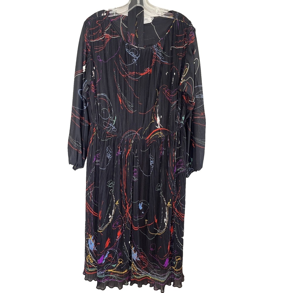 Vintage Hal Ferman Crinkle Colorful Dress L 1970s Artsy Secretary Mod Geek